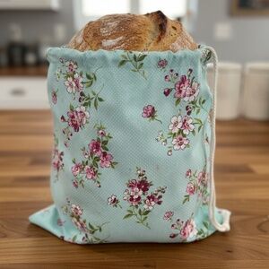 Teal & Pink Floral Bread Bag, Cotton Sourdough Bag, Reusable Drawstring Bag